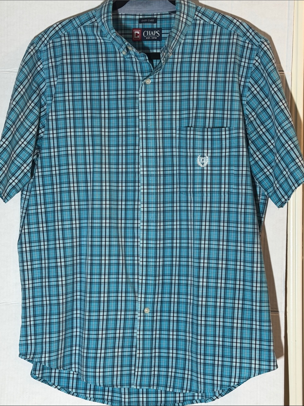Chaps Men's Teal and Black Plaid Short-Sleeve Button-Down Shirt